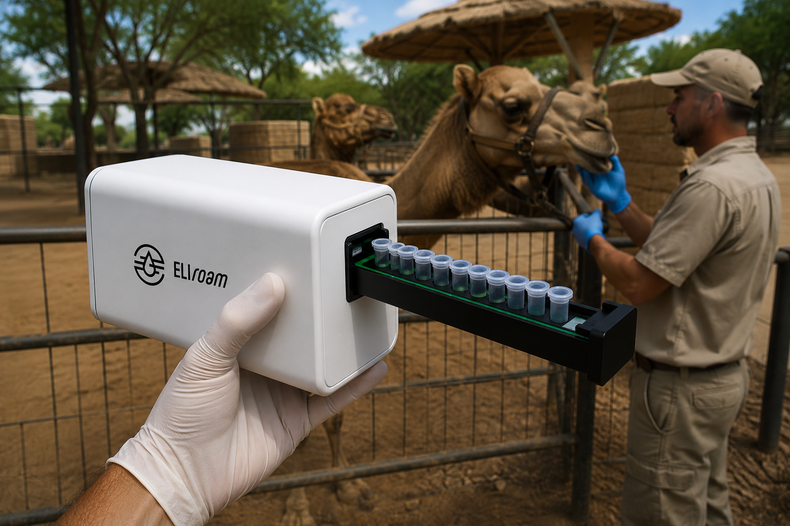 EliRoam handheld reader in use in the field, sampling a camel