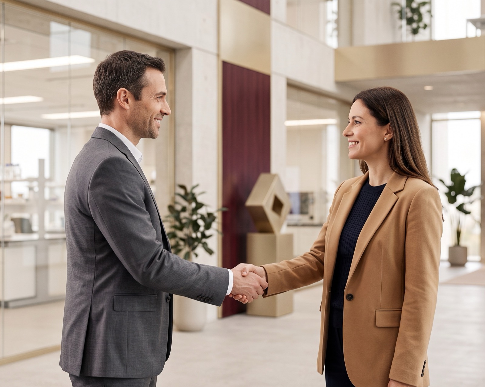 Two business partners shaking hands in an office lobby
