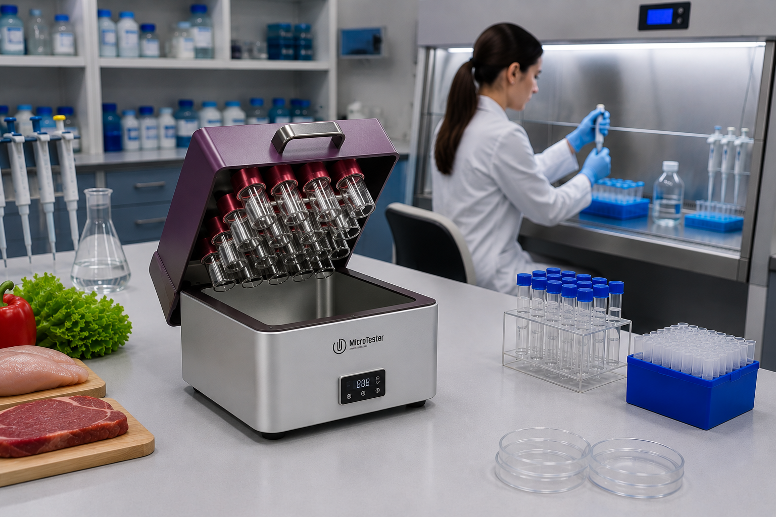 MicroTester device on a lab bench, open, with sample tubes and food-industry test samples