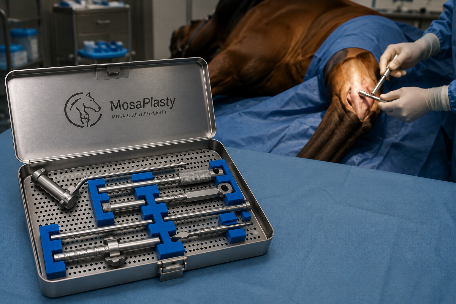 MosaPlasty surgical instrument set, with the equine mosaicplasty procedure in progress in the background