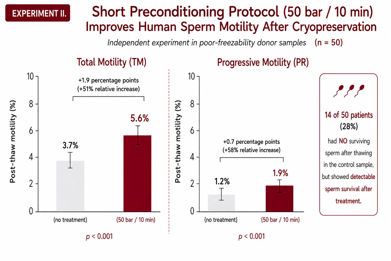 Experiment II chart: preconditioning protocol improves motility in poor-freezability donor samples
