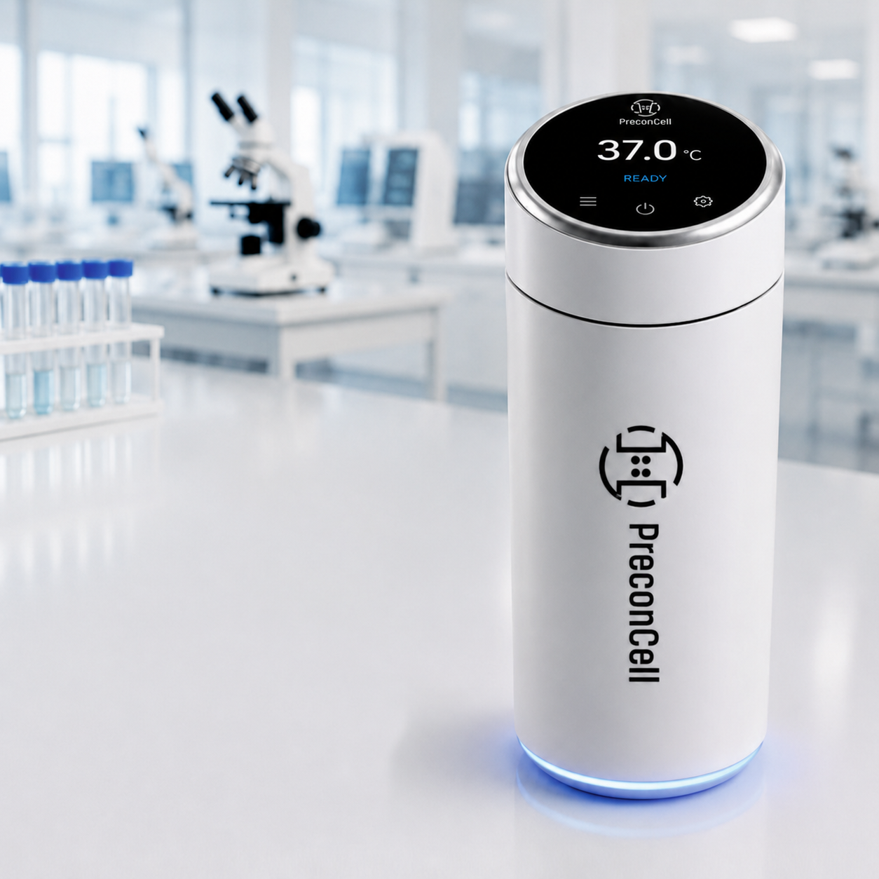 PreconCell device on a laboratory bench, display reading 37.0°C, READY